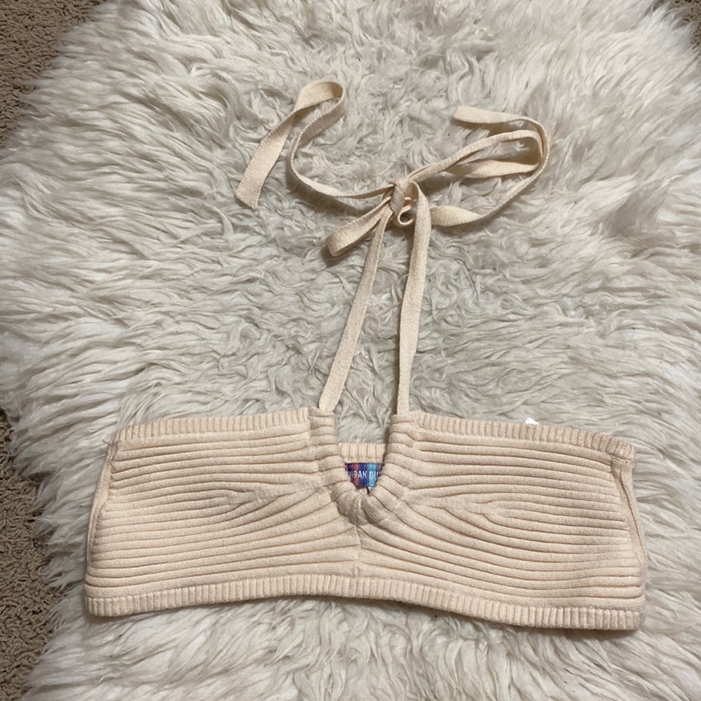 Urban Outfitters Ribbed Cropped Halter Tie‎ Top In Beige Size Medium